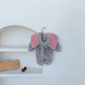 Detailed view of thick flannel elephant romper for babies with cute plush 3D ears