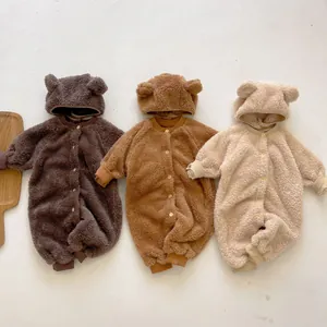 Baby Hooded Teddy Fleece Romper Bear Ear Winter Warm Solid Color Long Sleeve Jumpsuit For Infant Toddler