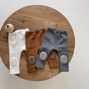 Infant Toddler Winter Fleece Lined Leggings Thickened Cotton Warm Pants With Cute Knee Patch Elastic Waist Leggings For Baby