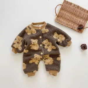Fleece bear romper for infants with warm sherpa fabric and wooden button closure
