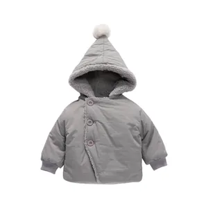 Winter infant hooded jacket in light grey with plush white pom-pom and warm fleece lining