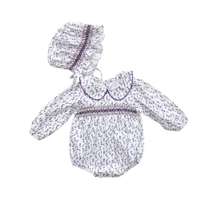 Baby girl long sleeve floral romper with matching ruffle hat and smocked details
