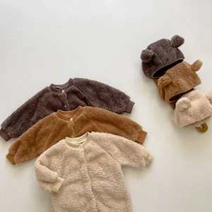 Thick velvet baby romper set with bear ear hats in brown, beige and camel colors