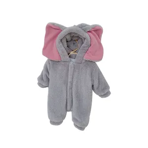 Thick warm baby elephant fleece romper with gray hooded design and pink inner ears