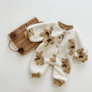 Baby sherpa fleece romper with bear print and button closure for autumn and winter