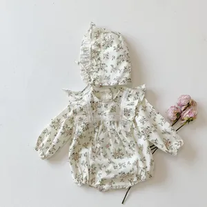 Floral baby girl long sleeve romper bodysuit with matching lace-trimmed bonnet set