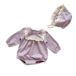Baby girl light purple long sleeve bodysuit with lace collar and matching hat set