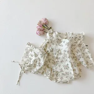 Baby Girl Floral Romper With Bonnet Cotton Long Sleeve Lace Ruffle Jumpsuit Vintage Pastoral Infant Toddler Climbing Bodysuit