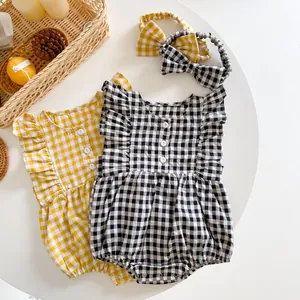 Pagliaccetto in Cotone Gingham per Neonate E Fascia Senza Maniche Con Volant Tuta a Quadri Body Estivo Con Bottoni a Pressione