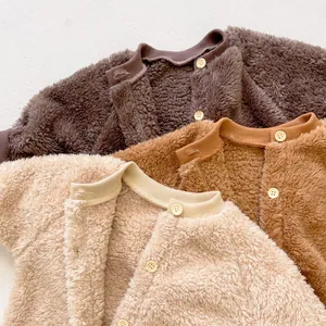 Three warm fleece baby jumpsuits in brown, khaki and cream white colors for winter