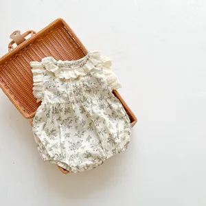 Women Baby Girl Vintage Floral Cotton Romper Lace Trim Flutter Sleeve Bodysuit Retro Summer Jumpsuit Infant Newborn Clothes