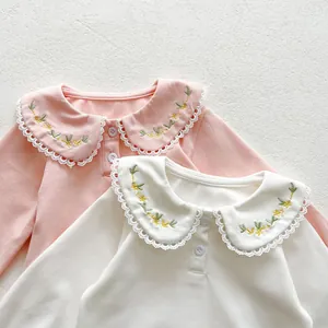 Cotton baby girls' long sleeve tops with floral embroidered Peter Pan lace collars