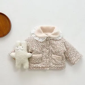 Veste d'hiver matelassée à fleurs pour bébés filles avec col en dentelle et polaire