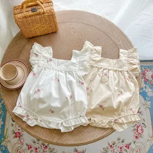 Baby Girl Cotton Romper Floral Embroidery Lace Square Neck Flying Sleeve Sweet Summer Bodysuit For Infant Toddler Outfit
