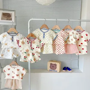 Baby Toddler Cotton Muslin Short Sleeve Top And Shorts Outfit Set Cute Cartoon Bear Cherry Heart Plaid Print Summer Casual Home Clothing For Kids