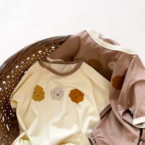 Short-sleeve cotton baby rompers with cute cloud print in beige and light brown