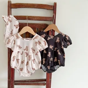Baby Girls Cute Bear Print Swimsuit With Matching Hat Backless Short Sleeve Swimwear For Infants Toddlers Summer Beachwear