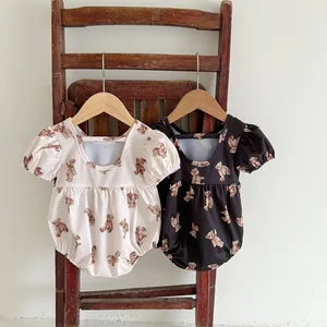 Cute baby girls one-piece swimsuit with teddy bear print and puff sleeves for beach