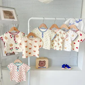 Baby summer cotton gauze short sleeve t-shirt and shorts set with cute bear cherry prints