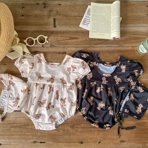 Toddler girl short sleeve one-piece swimsuit set with cute bear print and swim cap