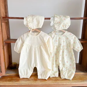 Pagliaccetto a Maniche Lunghe a Fiori per Neonata E Cappello con Volant in Cotone Vintage Swiss Dot Body Intero Outfit Primavera Autunno