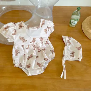 Cute baby girl short sleeve swimsuit with brown bear print and matching sun hat set