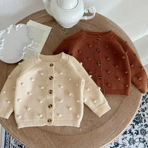 Baby Girls Cotton Knitted Cardigan Long Sleeve Round Neck Sweater Coat With 3D Bobble Buttons Spring Autumn Warm Toddler Top