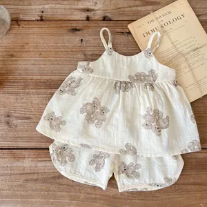 Set estivo neonato due pezzi top senza maniche e pantaloncini con stampa orsetto