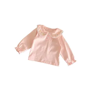 Pink cotton long sleeve toddler shirt with embroidered Peter Pan collar and lace trim