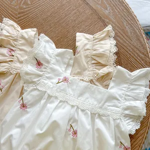 Baby summer cotton romper with square lace collar and delicate floral embroidery