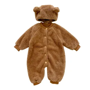 Brown polar fleece baby bear romper with hood and ears for winter warmth and comfort