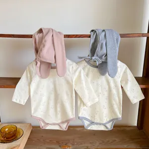 Cute bunny print long sleeve baby bodysuits with rabbit ear hats in pink and grey colors