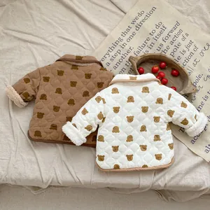 Winter quilted baby jacket with cute bear print and soft faux shearling collar
