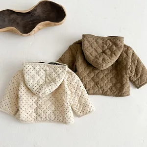 Infant hooded corduroy jacket with polka dots and quilted warm lining in two colors