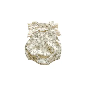 Floral cotton baby romper with lace collar and ruffled wing sleeves for summer wear