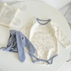 Cute bunny print long sleeve cotton baby bodysuit set with adorable matching rabbit ear hat