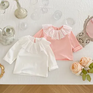 T-shirt à Manches Longues en Coton avec Col en Dentelle pour Bébé Fille Ours Brodé Hauts de Base à Volants pour Automne Printemps
