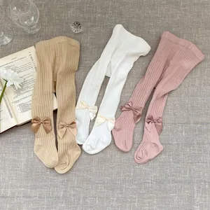 Baby Girls Sweet Bow Footed Tights Combed Cotton Ribbed Knit Leggings Soft Breathable Elastic Pantyhose For Infant Toddler