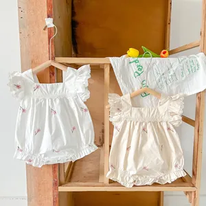 Cute baby cotton rompers with lace square collar and floral embroidery in white and beige