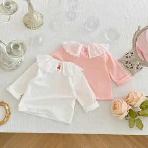 Hauts en coton pour bébés filles à manches longues avec grand col en dentelle rose et blanc