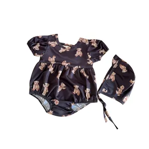 Baby girl one-piece swimsuit with teddy bear print and matching sun hat set