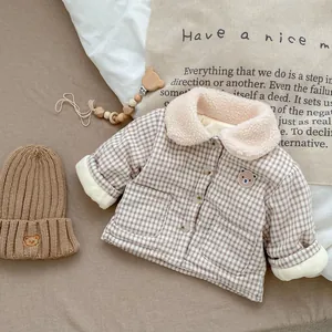 Winter plaid baby coat with fleece collar and bear embroidery with matching knit hat