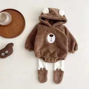 Detail of baby bear hooded fleece romper with 3D ears and cute cartoon embroidery