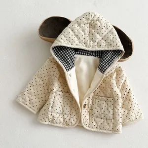 Padded baby winter hooded jacket with polka dots and quilted corduroy texture