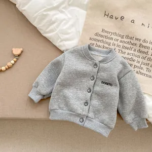 Fleece lined gray baby cardigan jacket with Bonito embroidery and snap buttons