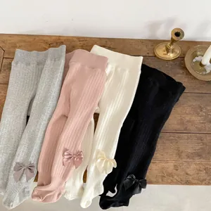 Winter thermal ribbed baby leggings with sweet bows in grey, pink, cream and black