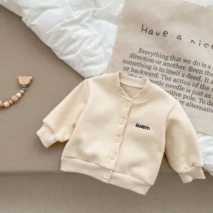 Minimalist beige baby knitted cardigan with BONITO embroidery and front buttons