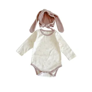 Cute bunny print baby long sleeve bodysuit set with matching rabbit ear hat in soft cotton
