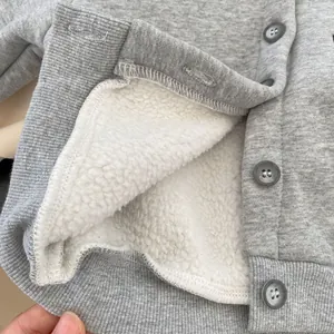Detail of gray knitted jacket showing thick white sherpa fleece lining and round buttons