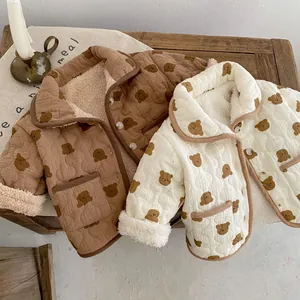 Quilted baby bear winter coat with thick fleece lining in brown and cream colors